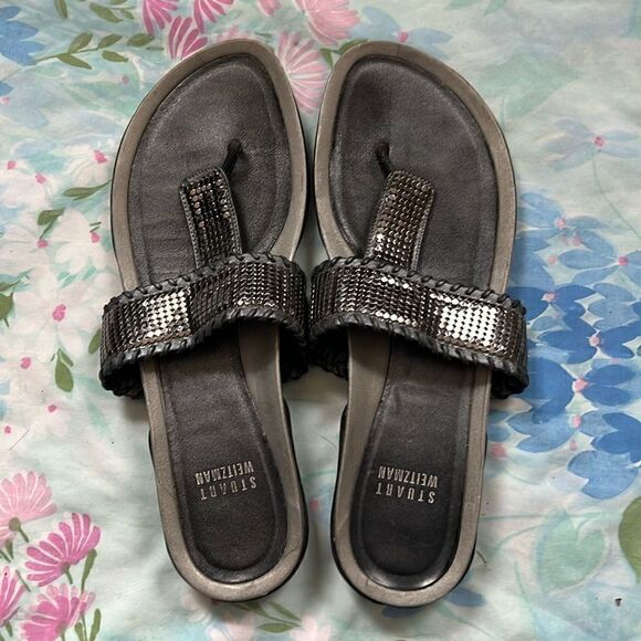 Stuart Weitzman T Strap Thong Sandals Metal - 7.5 - Picture 1 of 13